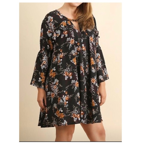 Umgee Boho Cottagecore Black Floral Button Close Keyhole Swing Dress Tunic | 2XL - Picture 1 of 11